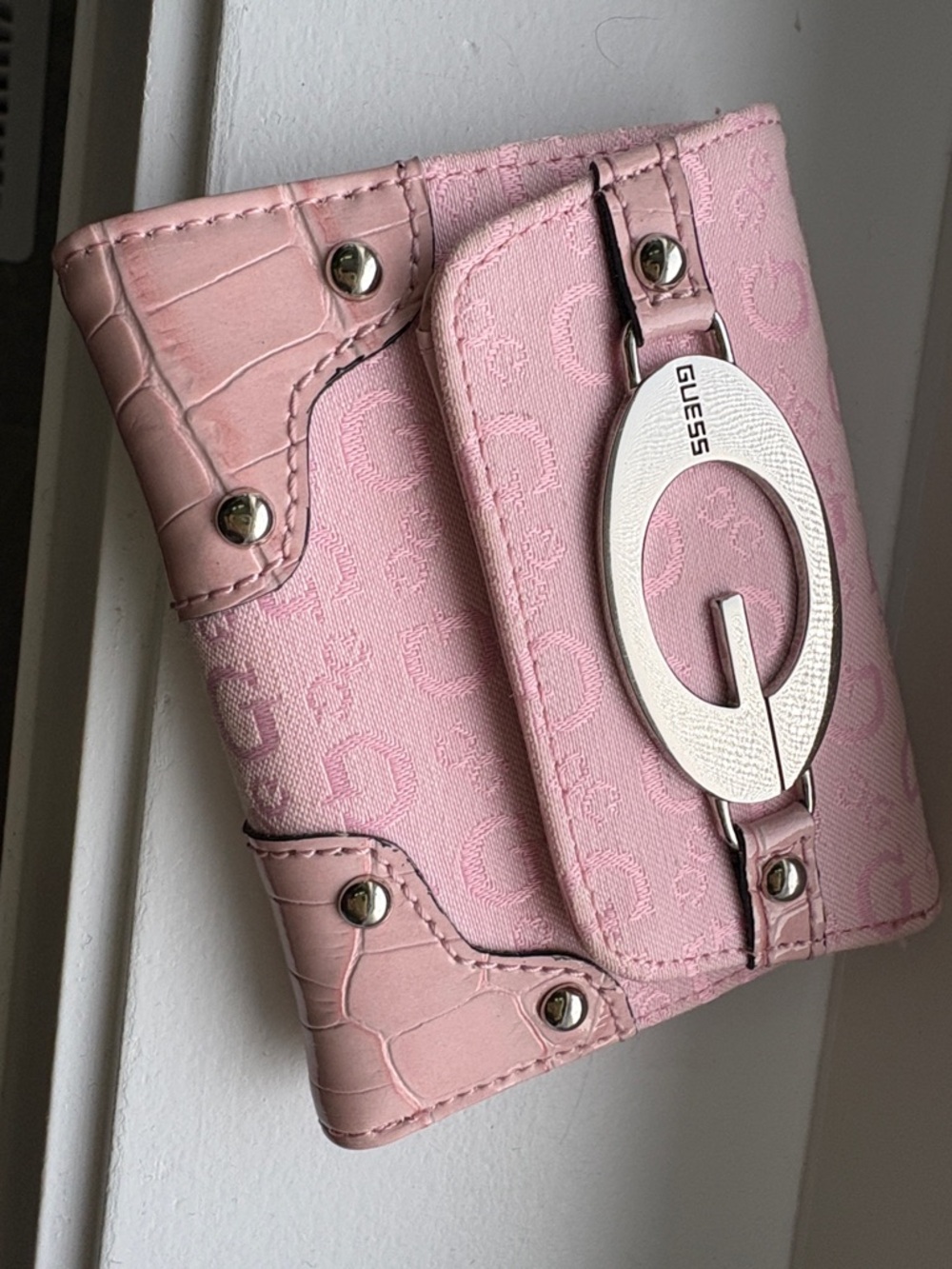 Guess Pink Signature Monogram Bifold Wallet with Silver Hardware